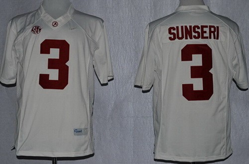 Men's Alabama Crimson Tide #3 Vinnie Sunseri White College Football Jersey
