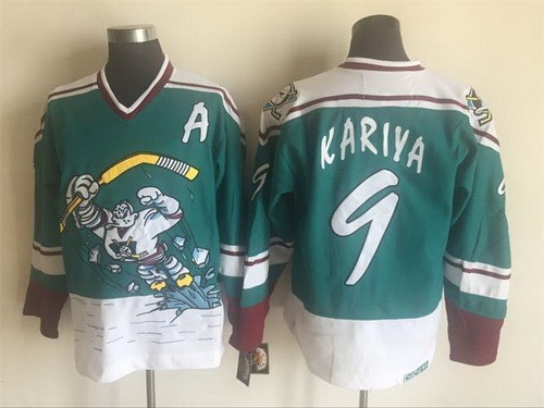 Men's Anaheim Ducks #9 Paul Kariya Green White Throwback Jersey