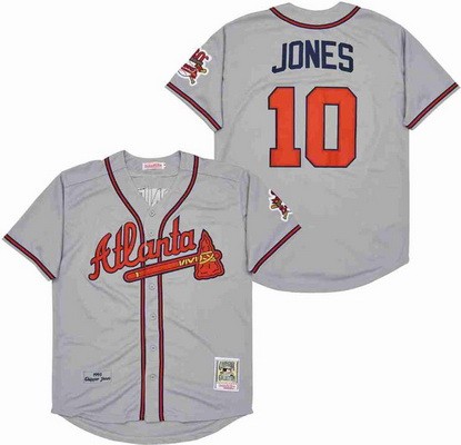 Men's Atlanta Braves #10 Chipper Jones Gray 1995 Throwback Jersey