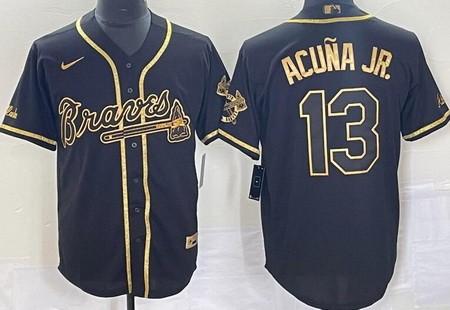 Men's Atlanta Braves #13 Ronald Acuna Jr Black Gold Cool Base Jersey
