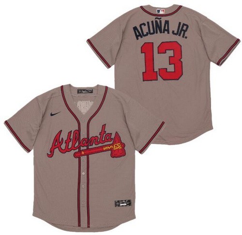 Men's Atlanta Braves #13 Ronald Acuna Jr Gray 2020 Cool Base Jersey