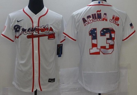 Men's Atlanta Braves #13 Ronald Acuna Jr White USA Flag Authentic Jersey