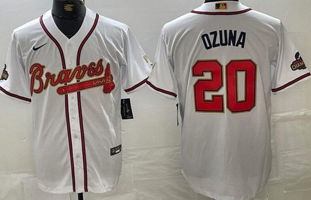 Men's Atlanta Braves #20 Marcell Ozuna White 2022 Gold Program Cool Base Jersey