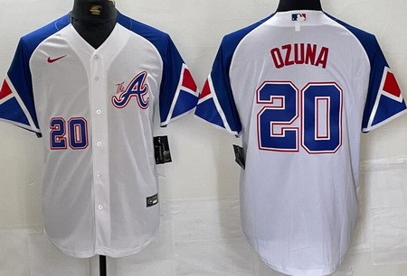 Men's Atlanta Braves #20 Marcell Ozuna White City Player Number Cool base Jersey