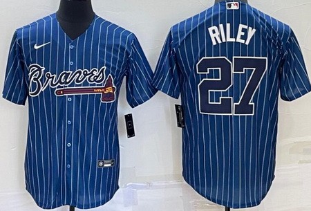 Men's Atlanta Braves #27 Austin Riley Blue Stripes Cool Base Jersey