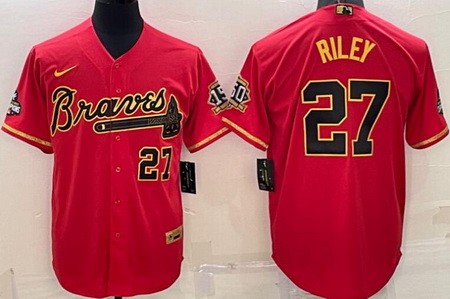 Men's Atlanta Braves #27 Austin Riley Red Gold Champions Cool Base Jersey