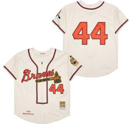 Men's Atlanta Braves #44 Hank Aaron Cream 1957 Throwback Jersey