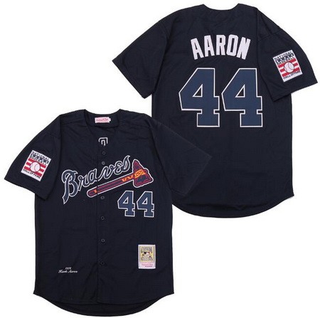 Men's Atlanta Braves #44 Hank Aaron Navy 1974 Throwback Jersey