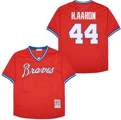 Men's Atlanta Braves #44 Hank Aaron Red Mesh Throwback Jersey