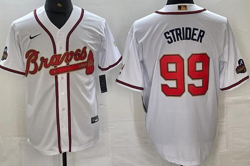 Men's Atlanta Braves #99 Spencer Strider White 2022 Gold Program Cool Base Jersey