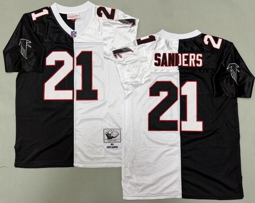 Men's Atlanta Falcons #21 Deion Sanders Black White Split 1992 Throwback Jersey