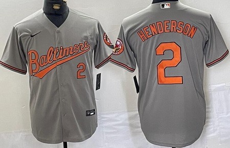 Men's Baltimore Orioles #2 Gunnar Henderson Gray Player Number Team Logo Cool Base Jersey