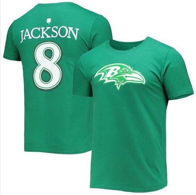 Men's Baltimore Ravens #8 Lamar Jackson Green St Patrick's Day Icon T-Shirt
