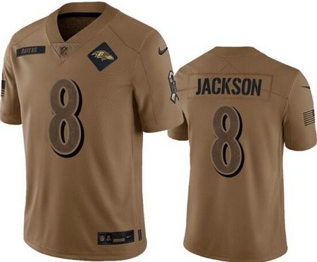 Men's Baltimore Ravens #8 Lamar Jackson Limited Brown 2023 Salute To Service Jersey