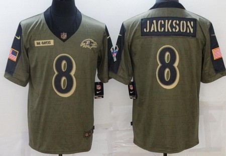 Men's Baltimore Ravens #8 Lamar Jackson Limited Olive 2021 Salute To Service Jersey