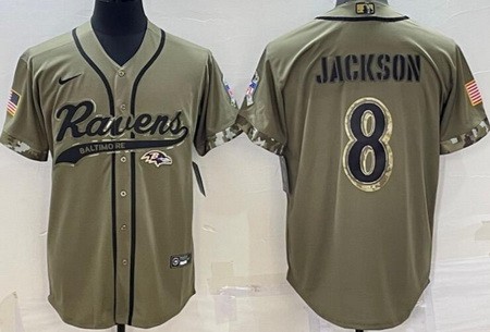 Men's Baltimore Ravens #8 Lamar Jackson Limited Olive 2022 Salute To Service Baseball Jersey