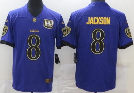 Men's Baltimore Ravens #8 Lamar Jackson Limited Purple Gold Vapor Untouchable Jersey