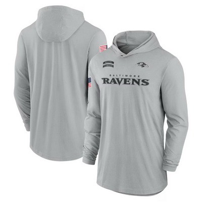 Men's Baltimore Ravens Gray 2024 Salute to Service Lightweight Performance Long Sleeve Hooded T Shirt