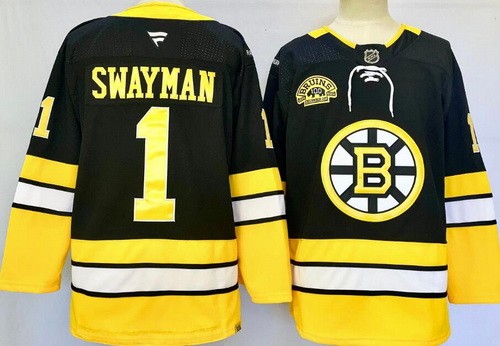 Men's Boston Bruins #1 Jeremy Swayman Black 100th Anniversary Authentic Jersey