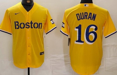 Men's Boston Red Sox #11 Jarren Duran Yellow City Connect Player Name Cool Base Jersey