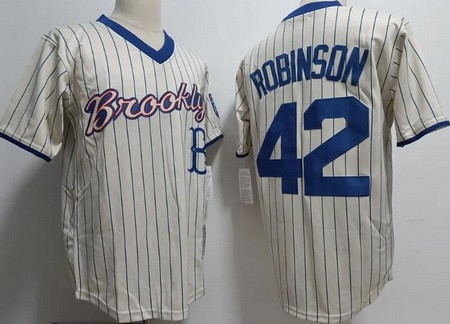 Men's Brooklyn Dodgers #42 Jackie Robinson Cream Stripes Throwback Jersey
