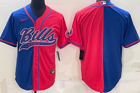 Men's Buffalo Bills Blank Blue Red Split Baseball Jersey