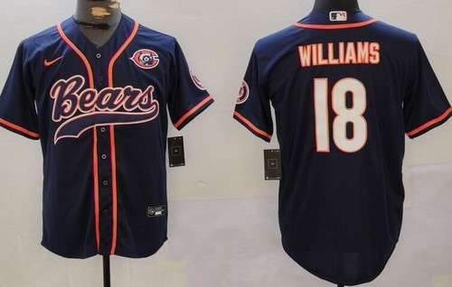 Men's Chicago Bears #18 Caleb Williams Limited Navy Throwback Baseball Jersey