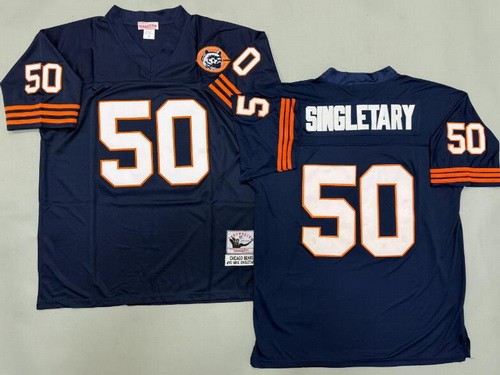 Men's Chicago Bears #50 Mike Singletary Navy Bear Patch Throwback Jersey