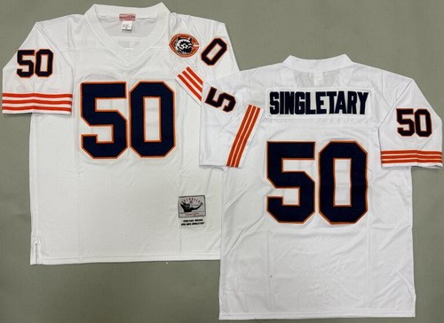 Men's Chicago Bears #50 Mike Singletary White Bear Patch Throwback Jersey