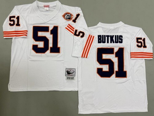 Men's Chicago Bears #51 Dick Butkus White Bear Patch Throwback Jersey