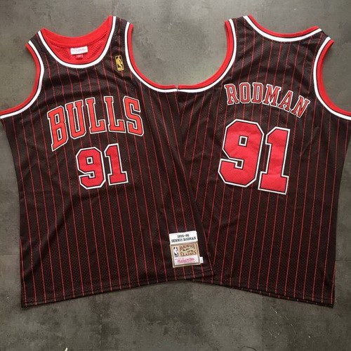 Men's Chicago Bulls #91 Dennis Rodman Black Stripes 1995 Throwback Authentic Jersey