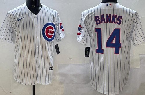 Men's Chicago Cubs #14 Ernie Banks White Team Logo Cool Base Jersey