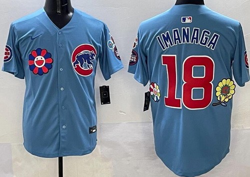 Men's Chicago Cubs #18 Shota Imanaga Baby Blue Flower 2025 Tokyo Series Limited Jersey