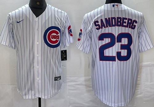 Men's Chicago Cubs #23 Ryne Sandberg White Team Logo Cool Base Jersey