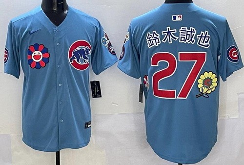Men's Chicago Cubs #27 Seiya Suzuki Baby Blue Flower Japanese 2025 Tokyo Series Limited Jersey