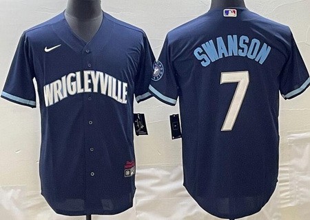 Men's Chicago Cubs #7 Dansby Swanson Navy City Cool Base Jersey