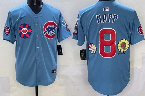 Men's Chicago Cubs #8 Ian Happ Baby Blue Flower 2025 Tokyo Series Limited Jersey