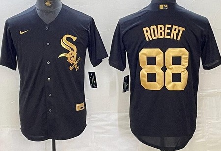 Men's Chicago White Sox #88 Luis Robert Black Gold Cool Base Jersey