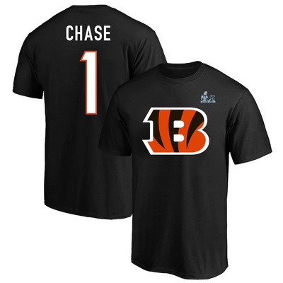 Men's Cincinnati Bengals #1 Ja'Marr Chase Black Big logo Super Bowl LVI Bound T-Shirt