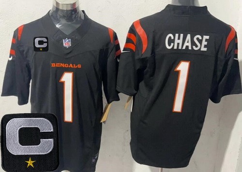 Men's Cincinnati Bengals #1 Ja'Marr Chase Limited Black 2025 Captain Patch FUSE Vapor Jersey