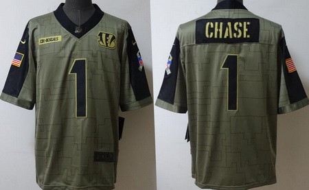 Men's Cincinnati Bengals #1 Ja'Marr Chase Limited Olive 2021 Salute To Service Jersey