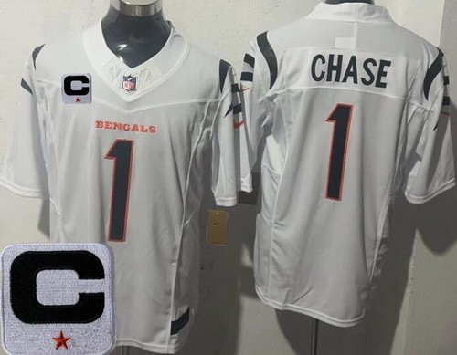 Men's Cincinnati Bengals #1 Ja'Marr Chase Limited White 2025 Captain Patch FUSE Vapor Jersey