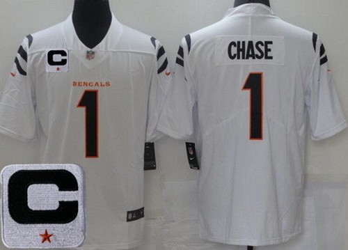 Men's Cincinnati Bengals #1 Ja'Marr Chase Limited White 2025 Captain Patch Vapor Jersey