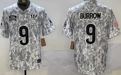Men's Cincinnati Bengals #9 Joe Burrow Limited Arctic Camo 2024 Salute to Service Jersey