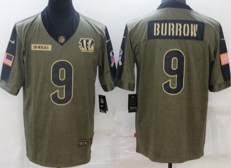 Men's Cincinnati Bengals #9 Joe Burrow Limited Olive 2021 Salute To Service Jersey