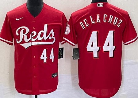 Men's Cincinnati Reds #44 Elly De La Cruz Red Player Number Team Logo Cool Base Jersey