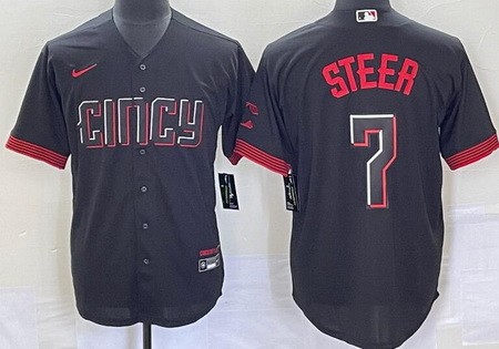 Men's Cincinnati Reds #7 Spencer Steer Black 2023 City Connect Cool Base Jersey