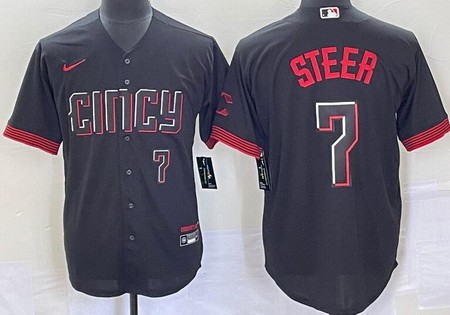 Men's Cincinnati Reds #7 Spencer Steer Black 2023 City Connect Player Number Cool Base Jersey