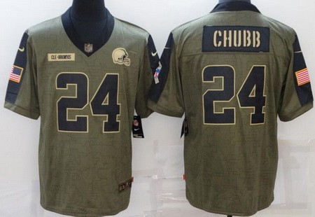 Men's Cleveland Browns #24 Nick Chubb Limited Olive 2021 Salute To Service Jersey