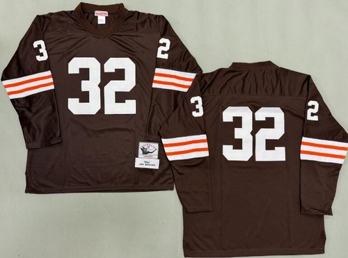 Men's Cleveland Browns #32 Jim Brown Brown Long Sleeves 1964 Throwback Jersey